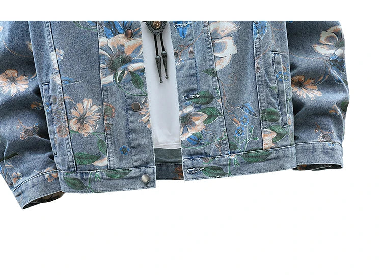Vintage Floral Print Denim Jacket Men's Distressed Coat Streetwear Loose Fit Long Sleeve Jackets Korean Bomber Jeans Jacket