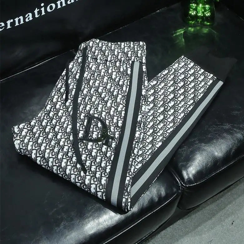 Fashion trend casual suit high-end men's long-sleeved splicing full print sports two-piece set