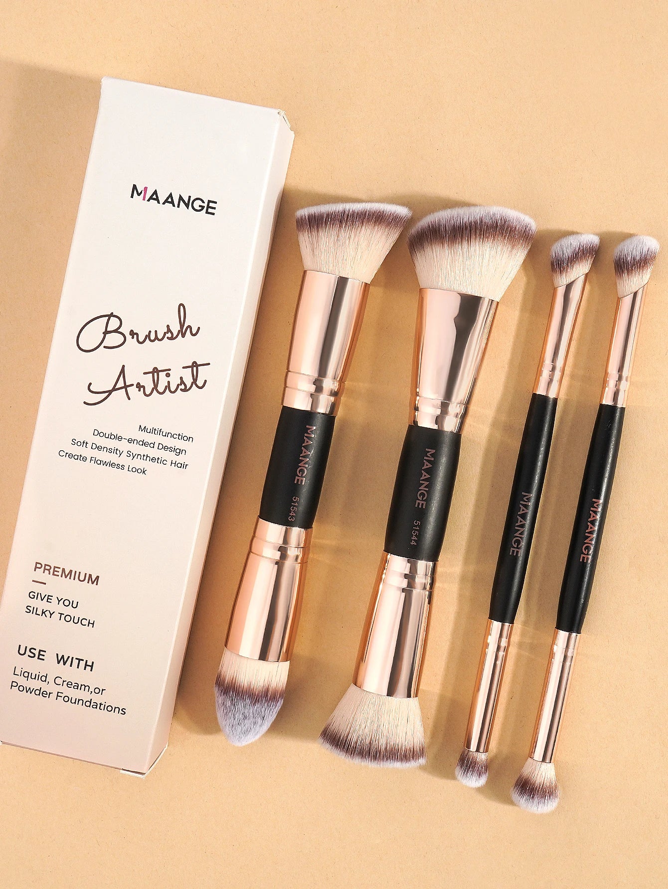 MAANGE 4-Piece Basic Makeup Brush Set – Dual-Ended Foundation, Powder & Eyeshadow with Case