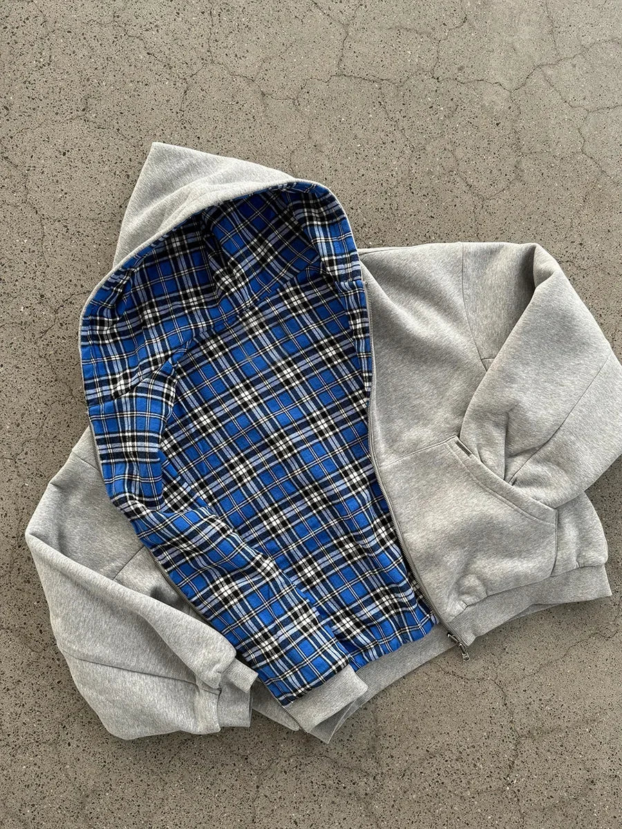 Men's Retro Zipper Hoodie with Blue Stripes and Plaid, 90s Hip Hop Style, Loose Gray Cotton Sweatshirt