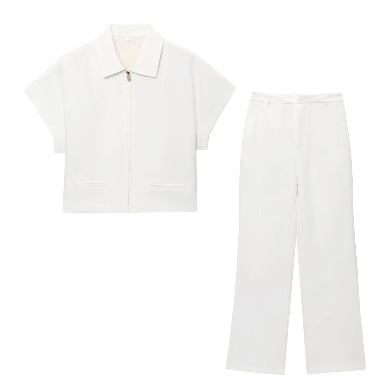 TFMLN Women’s Summer Set – Black Zipper Lapel Top & Wide-Leg Pants Two-Piece Outfit