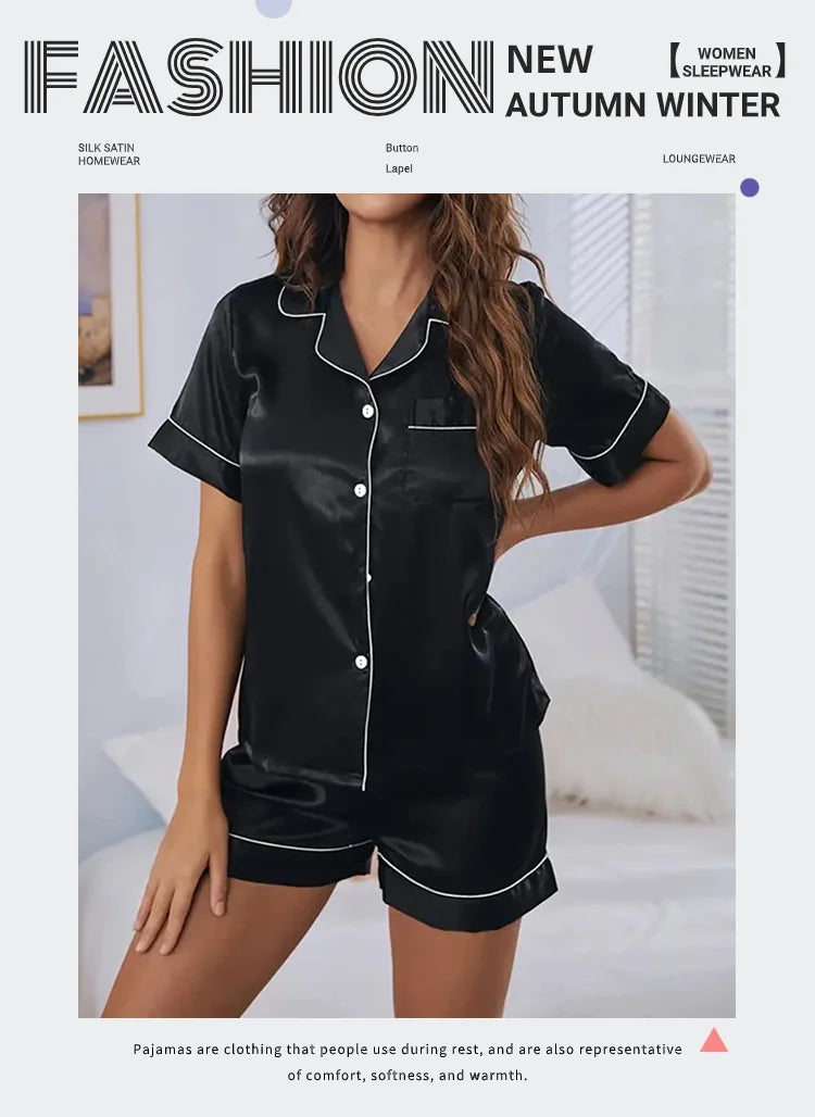 Women’s Satin Pajama Set – 2-Piece Button-Down Top & Shorts Sleepwear