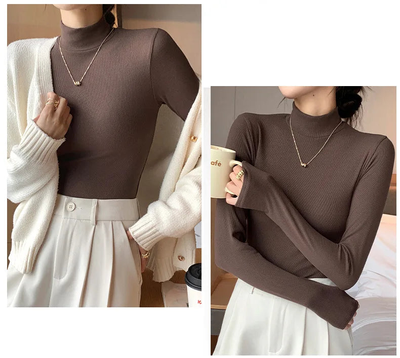 Women's knitted half-turtleneck sweater, slim fit, long sleeves, casual thermal knit top, Korean fashion