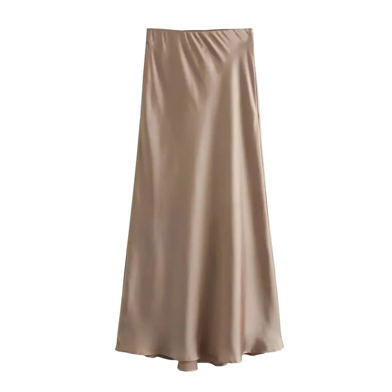 MUJER Women’s Satin High-Waist Long Midi Skirt – Elegant Summer Office Wear