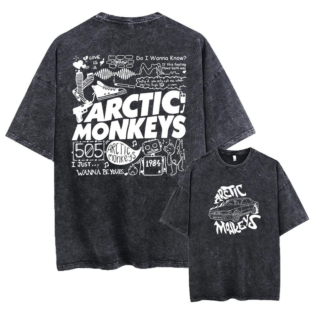 Here is a description based on your input:  Retro Arctic Monkeys Graphic T-Shirt, Vintage Washed, Oversized Fit, Y2K Style, Hip Hop Streetwear for Men