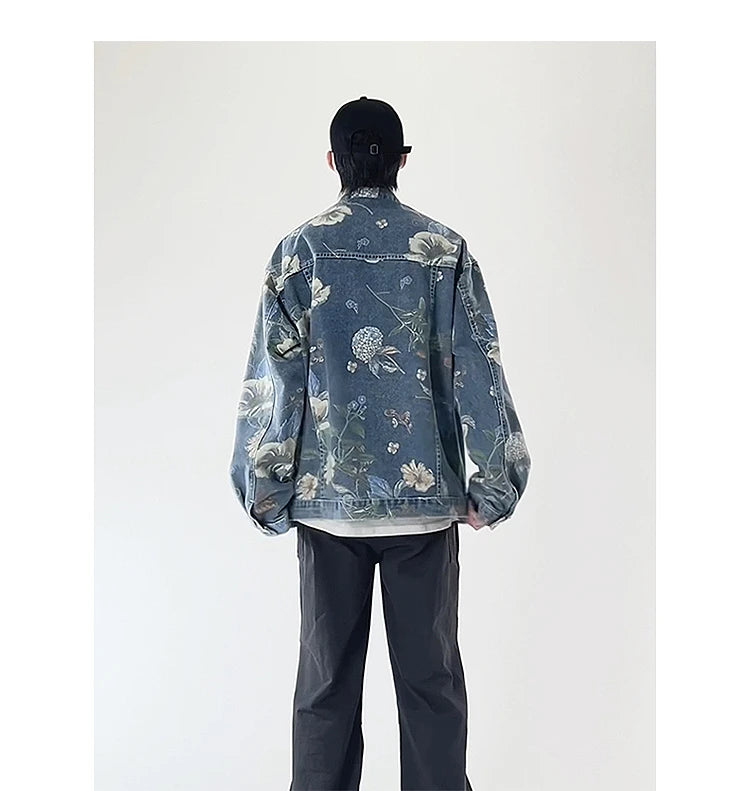 Vintage Floral Print Denim Jacket Men's Distressed Coat Streetwear Loose Fit Long Sleeve Jackets Korean Bomber Jeans Jacket