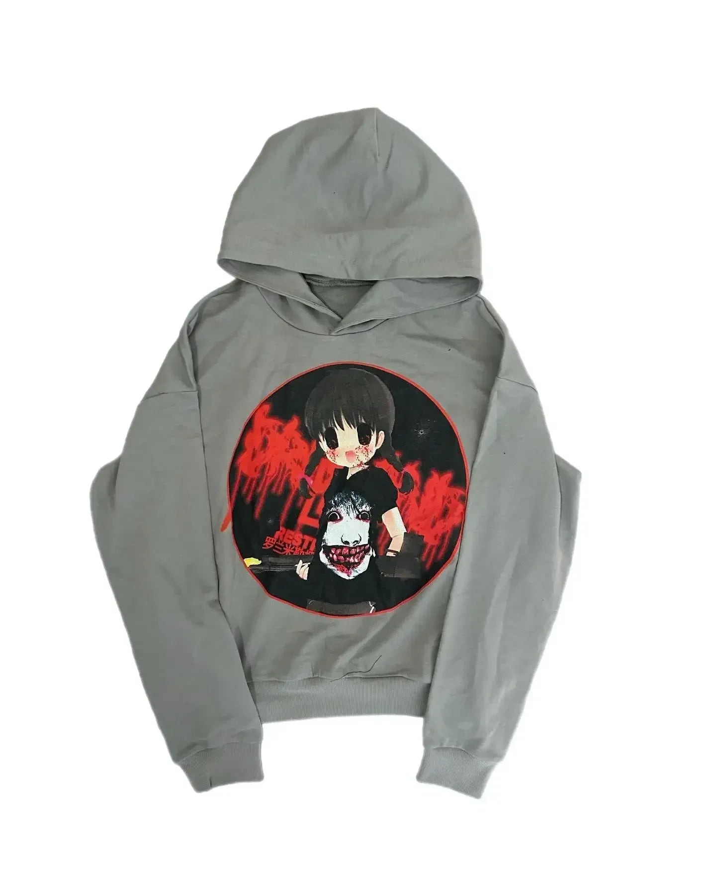 Men's Retro Zipper Hoodie with Blue Stripes and Plaid, 90s Hip Hop Style, Loose Gray Cotton Sweatshirt