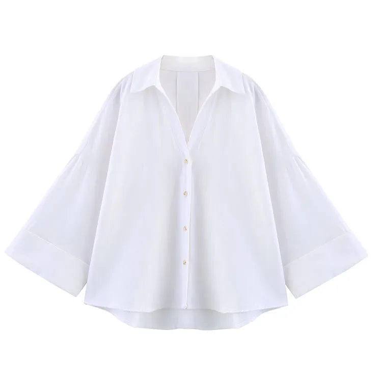 HipSeam Women's Linen Shirt – Wide Sleeves, Asymmetric Hem, Johnny Collar