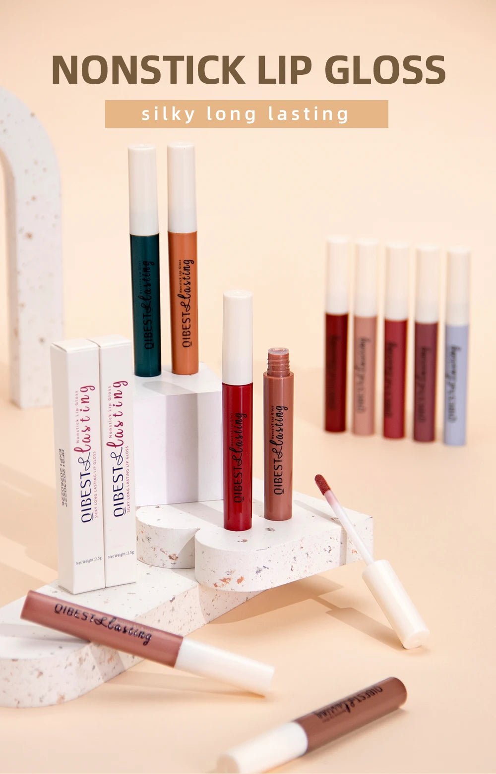 QIBEST Matte Liquid Lipstick – Waterproof, Long-Lasting Velvet Lip Gloss, Nude & Red