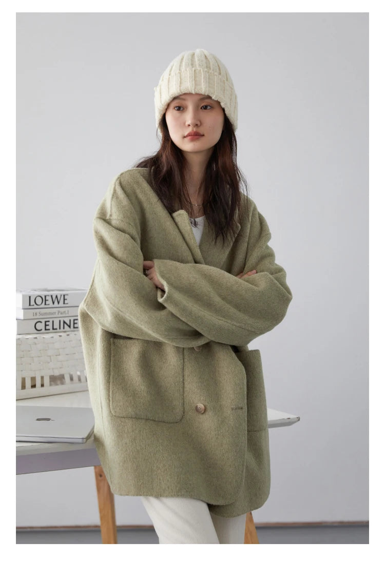 Women’s Double-Breasted Wool Coat – Loose Retro Office Style