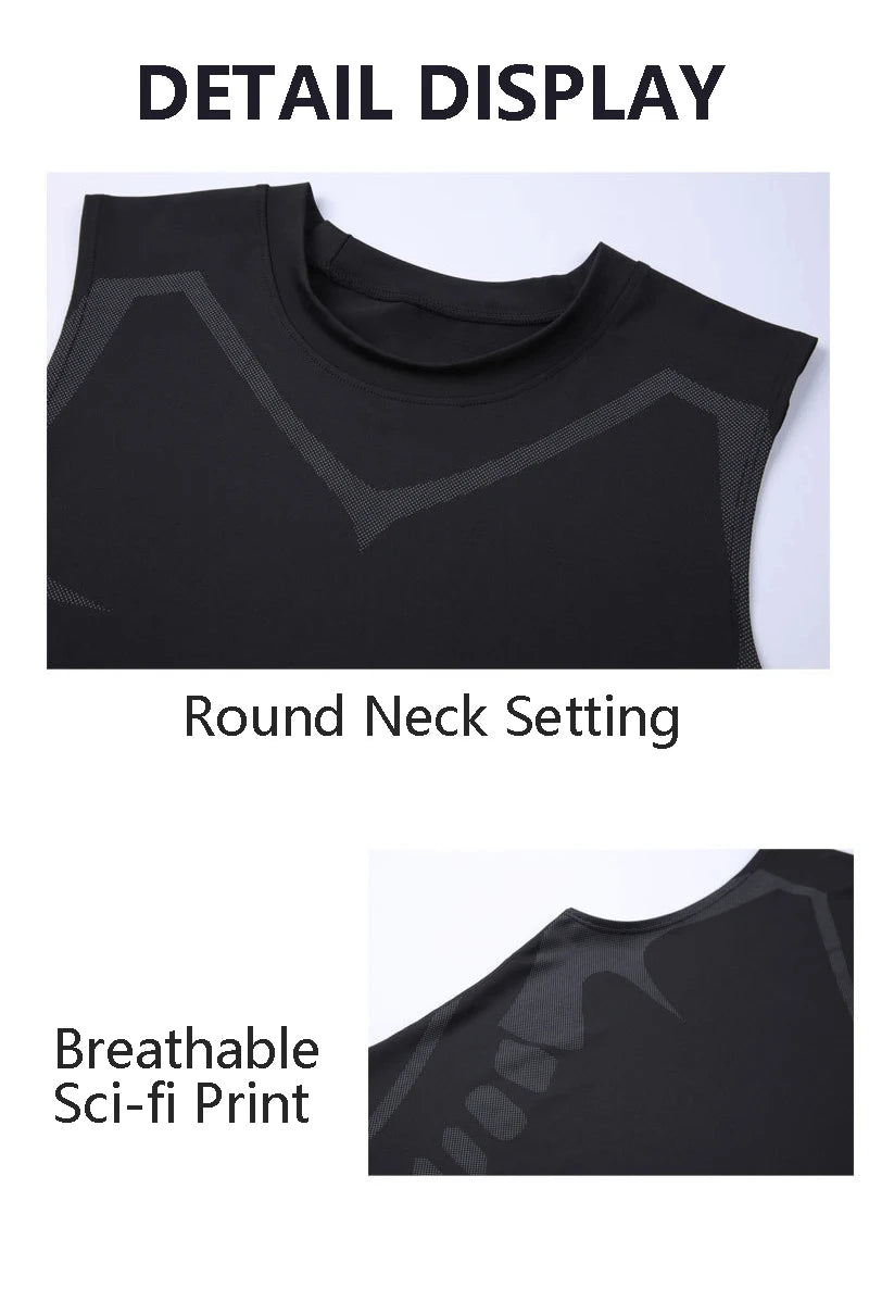 Men’s Sci-Fi Print Black Sports Vest – Quick-Dry, Elastic Round Neck