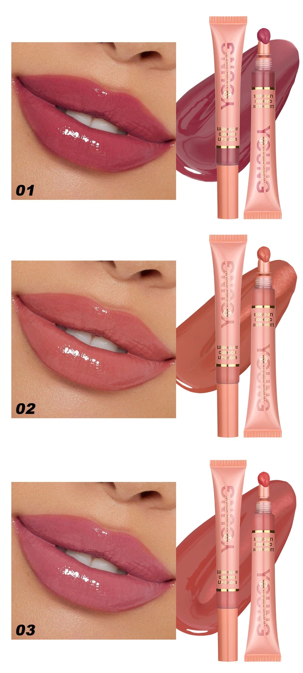 YOUNG VISION 6-Color Liquid Lip Gloss – Brightening, Moisturizing with Plush Brush