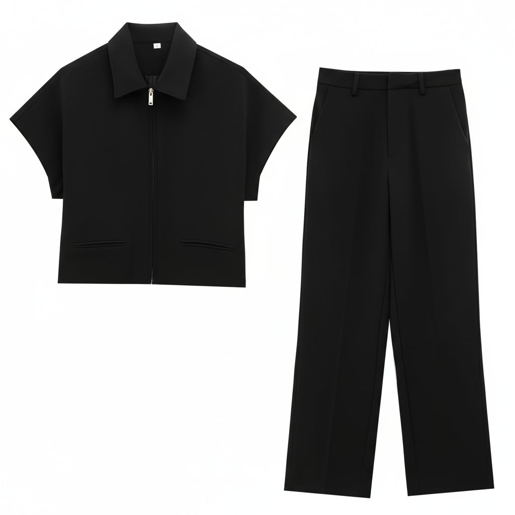 TFMLN Women’s Summer Set – Black Zipper Lapel Top & Wide-Leg Pants Two-Piece Outfit