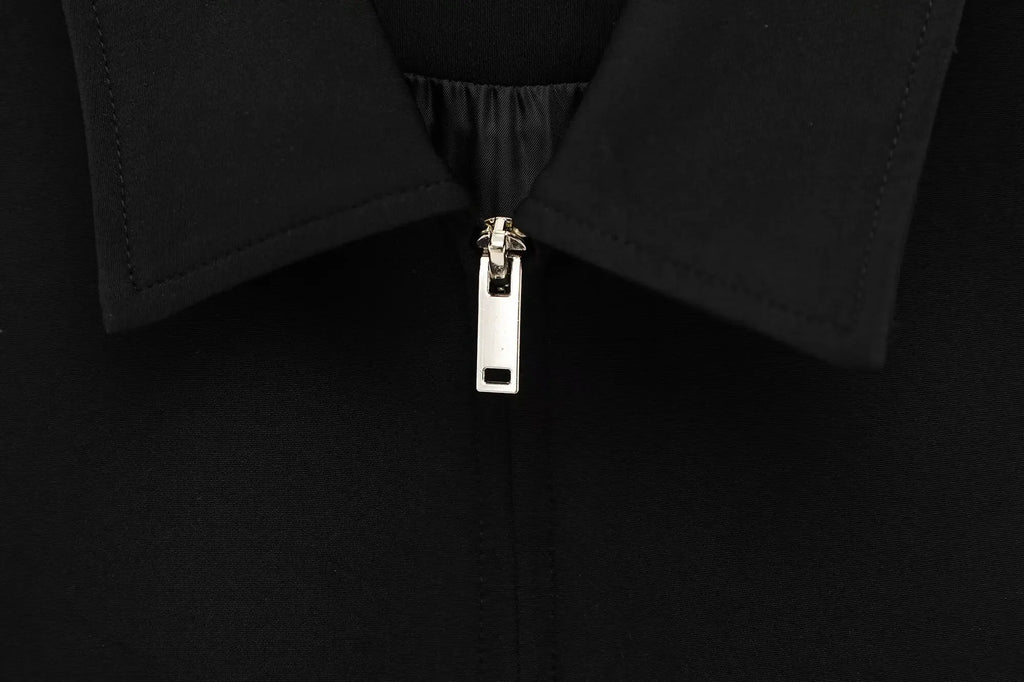 TFMLN Women’s Summer Set – Black Zipper Lapel Top & Wide-Leg Pants Two-Piece Outfit