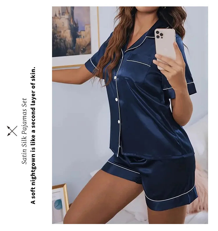Women’s Satin Pajama Set – 2-Piece Button-Down Top & Shorts Sleepwear