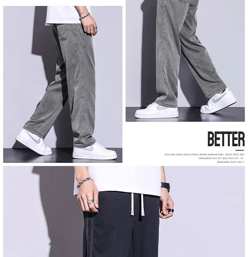 Soft Lyocell fabric men's jeans loose straight leg pants drawstring elastic waist Korean casual pants plus size M-5XL