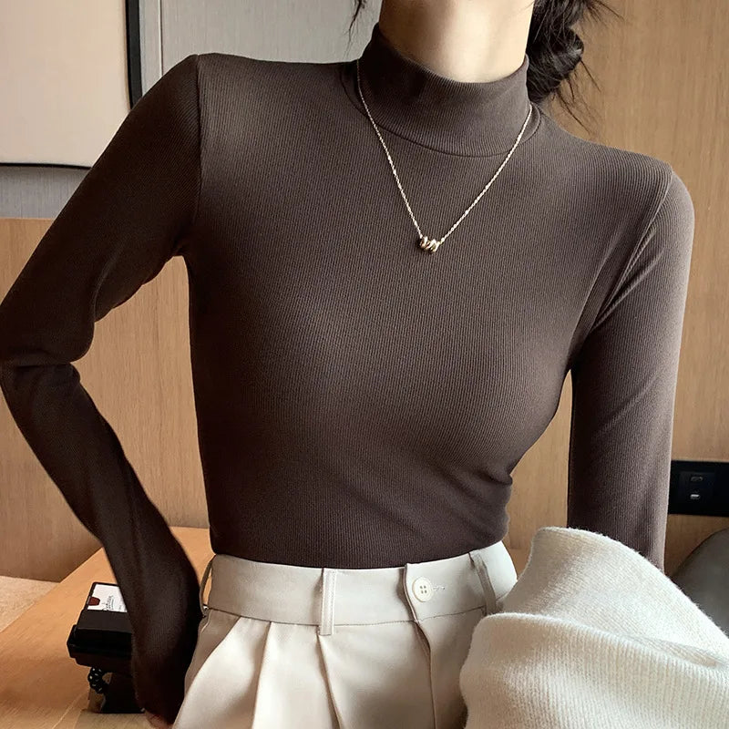 Women's knitted half-turtleneck sweater, slim fit, long sleeves, casual thermal knit top, Korean fashion