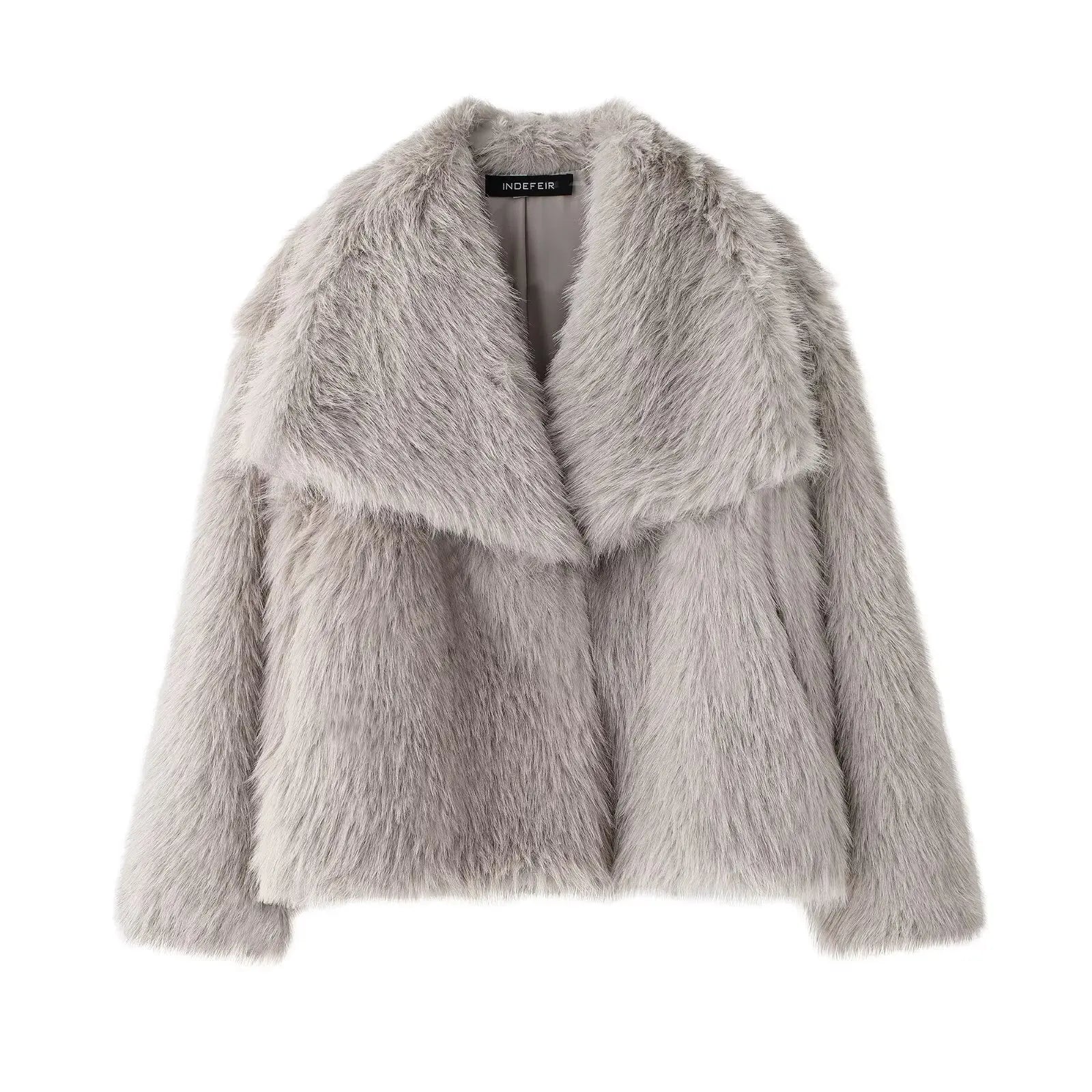 HH Women Cropped Faux Fur Jacket – Chic Thick Coat with Lapel Collar & Snap Button