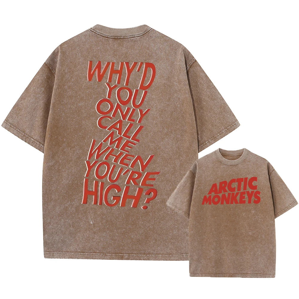 Here is a description based on your input:  Retro Arctic Monkeys Graphic T-Shirt, Vintage Washed, Oversized Fit, Y2K Style, Hip Hop Streetwear for Men