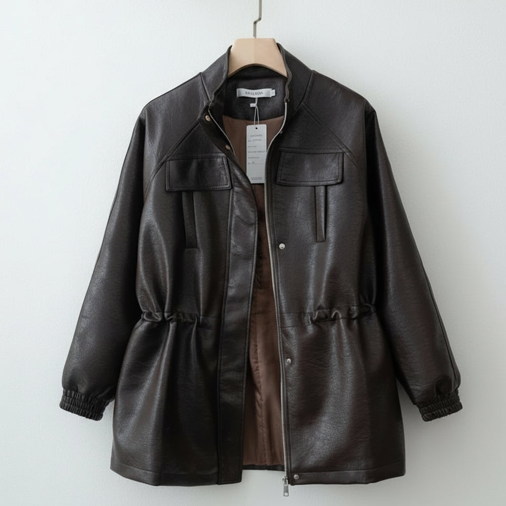 Women’s PU Leather Jacket with Adjustable Waist