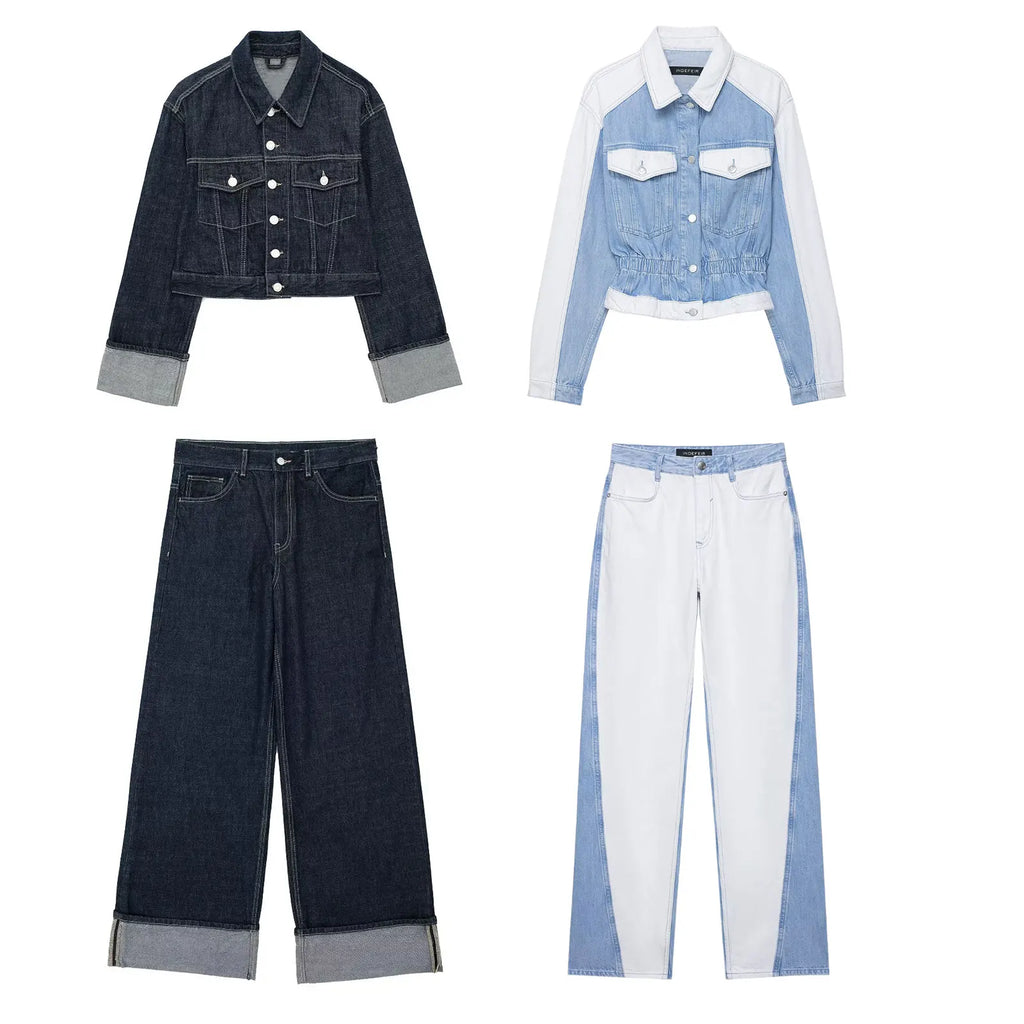 vintage denim women's outfit with a long-sleeve coat and wide-leg jeans