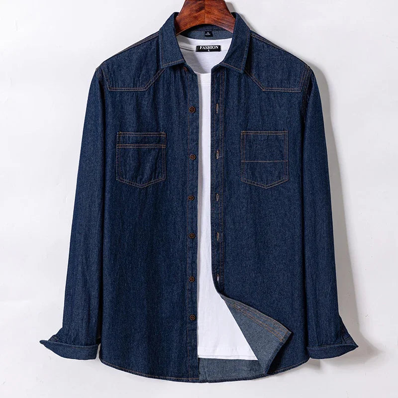 Men’s 100% Cotton Denim Shirt – Long Sleeve, Classic Fit, Pocket Design & Embroidery
