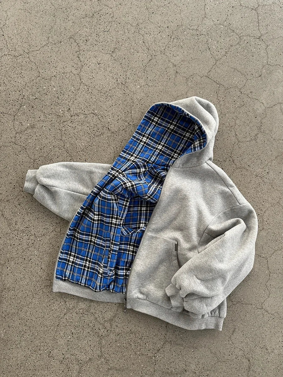 Men's Retro Zipper Hoodie with Blue Stripes and Plaid, 90s Hip Hop Style, Loose Gray Cotton Sweatshirt