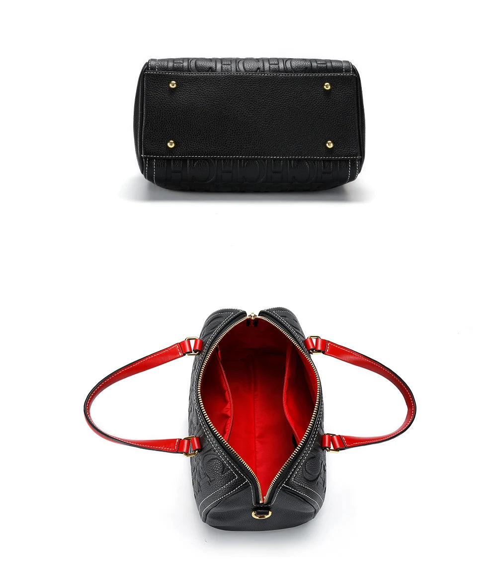 Women's Shoulder Bag Black Cow Leather Letter Embossed Zipper Tote Bag 26*14.5*18cm