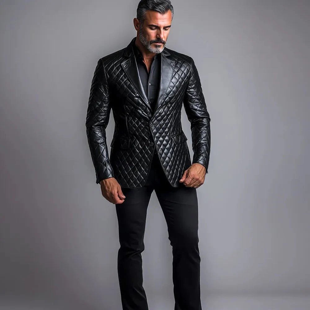 Men's PU leather blazer, single-breasted with lapel, suitable for business or casual wear in autumn