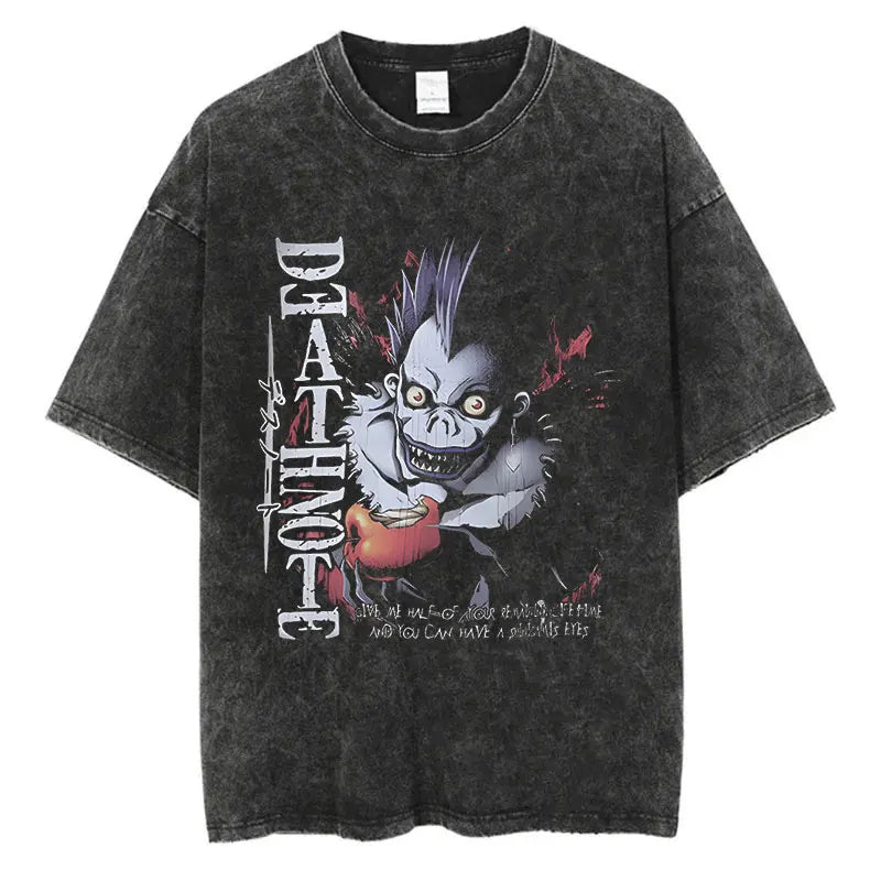 Harajuku Vintage Washed T-Shirt with Death Note Anime Graphic, Oversized Cotton Streetwear for Men and Women