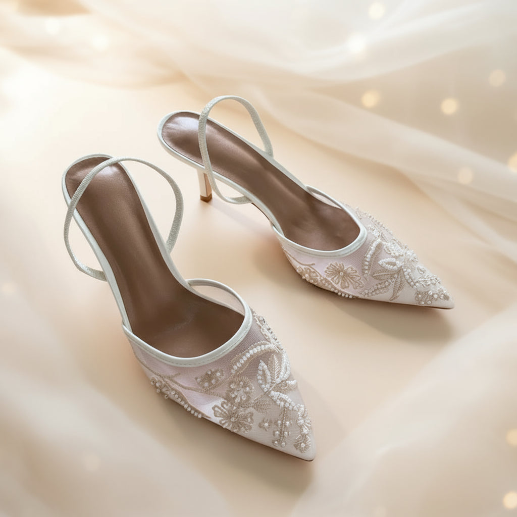 Women's Mesh Embroidered Heels – Pointed Toe Slingback Dress Shoes