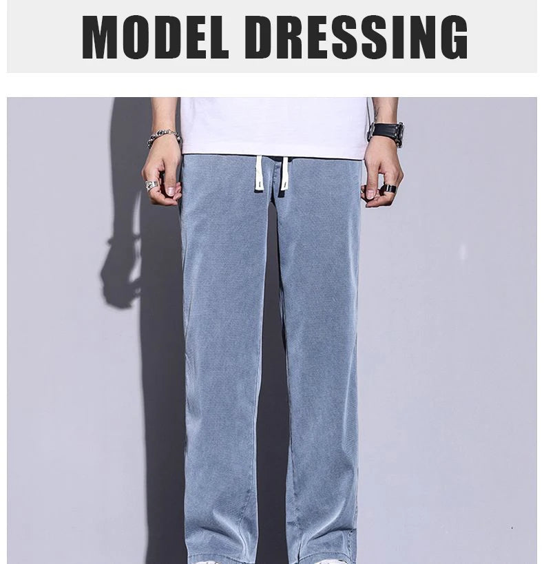 Soft Lyocell fabric men's jeans loose straight leg pants drawstring elastic waist Korean casual pants plus size M-5XL