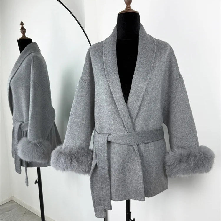 Tossy Women’s Short Wool Coat with Fox Fur – Elegant Double-Sided Overcoat