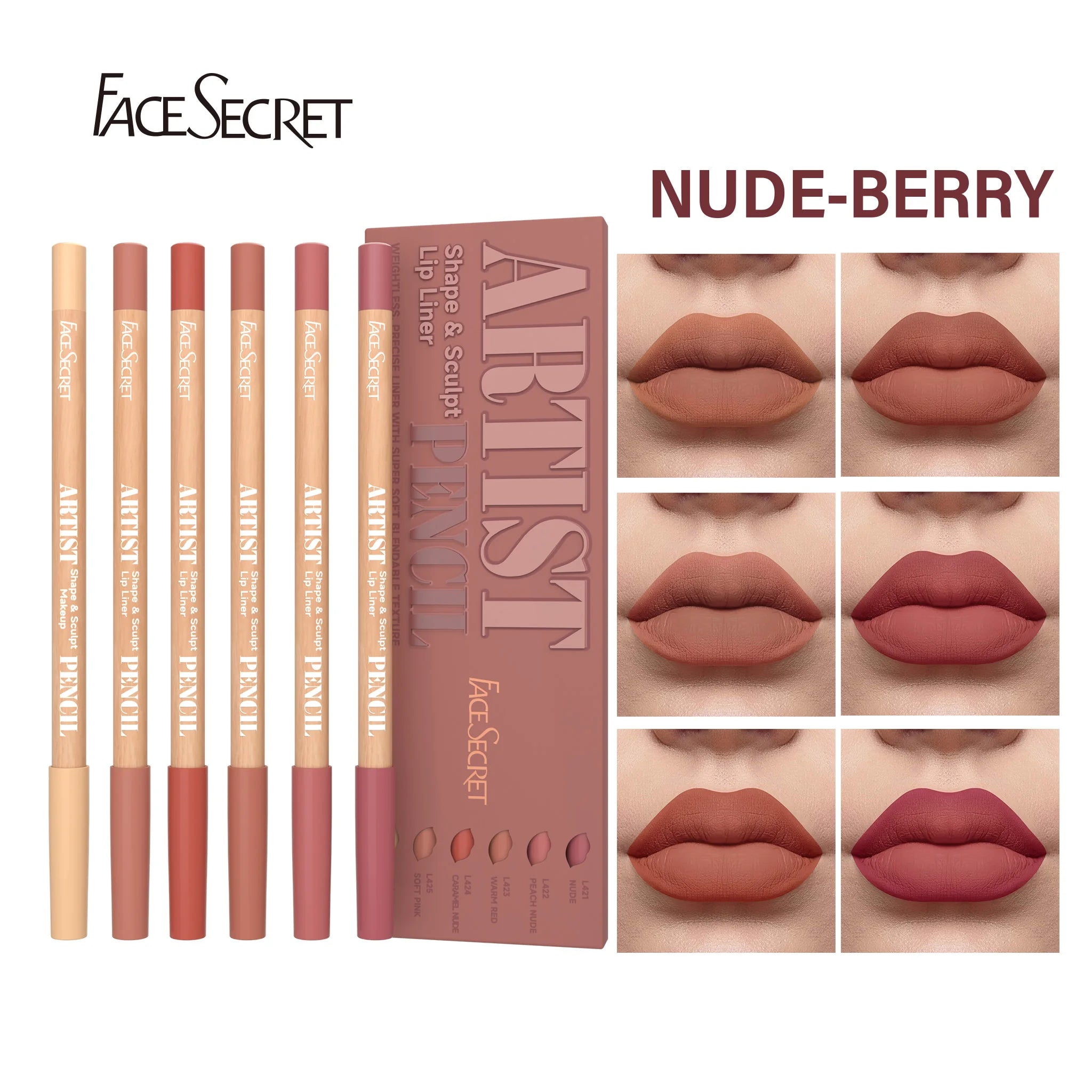 6pc Velvet Matte Lip Liner Set with versatile shades in berry, brown, and pink. Long-lasting lip makeup