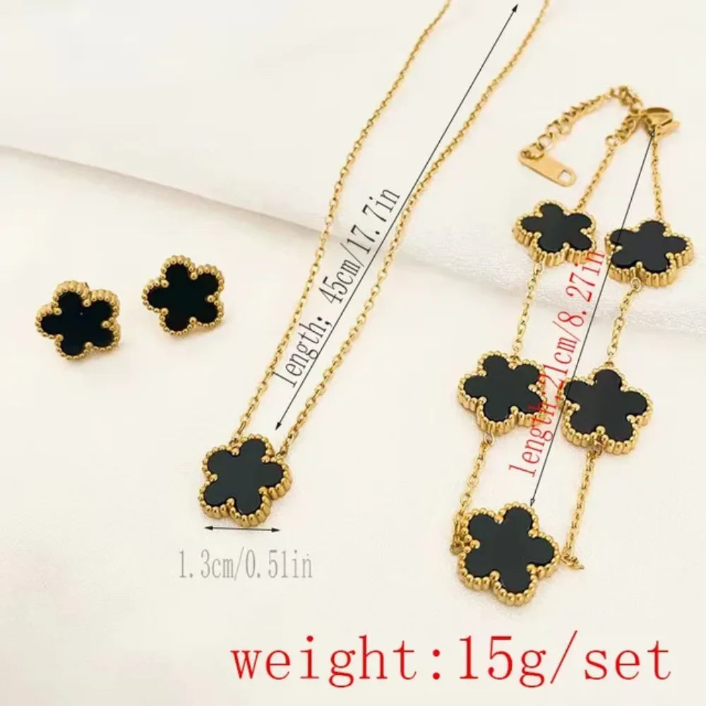 Women’s Jewelry Set – Necklace, Bracelet & Earrings, Plum Blossom Five-Leaf Design