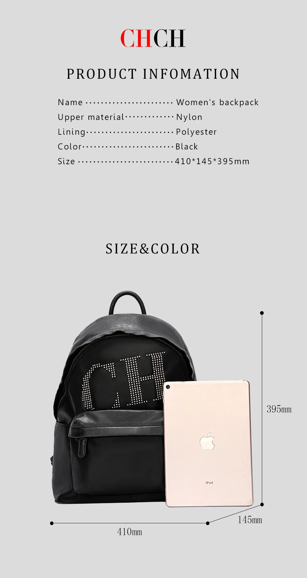 Women's Backpack Black Travel Bag College Student Travel Backpack