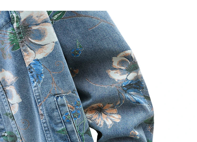 Vintage Floral Print Denim Jacket Men's Distressed Coat Streetwear Loose Fit Long Sleeve Jackets Korean Bomber Jeans Jacket