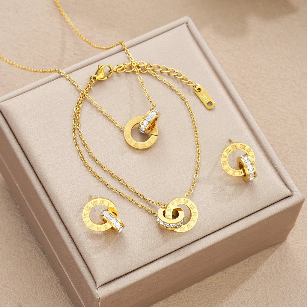 Women’s Gold Crystal Set – 4-Piece Necklace, Bracelet & Earrings