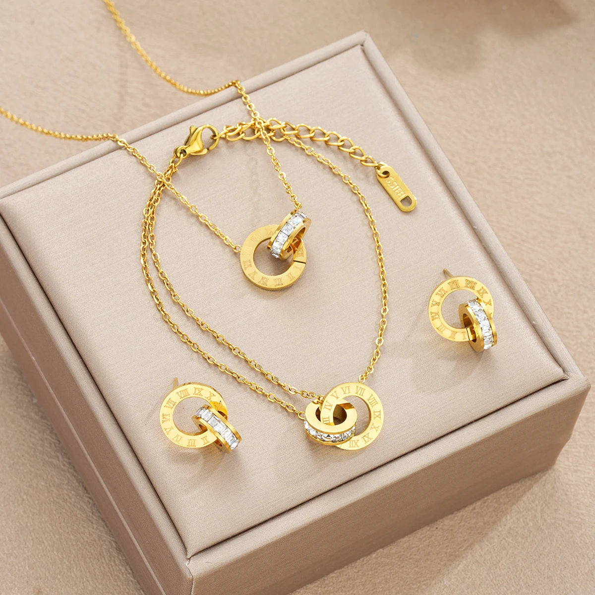 Women’s Gold Crystal Set – 4-Piece Necklace, Bracelet & Earrings