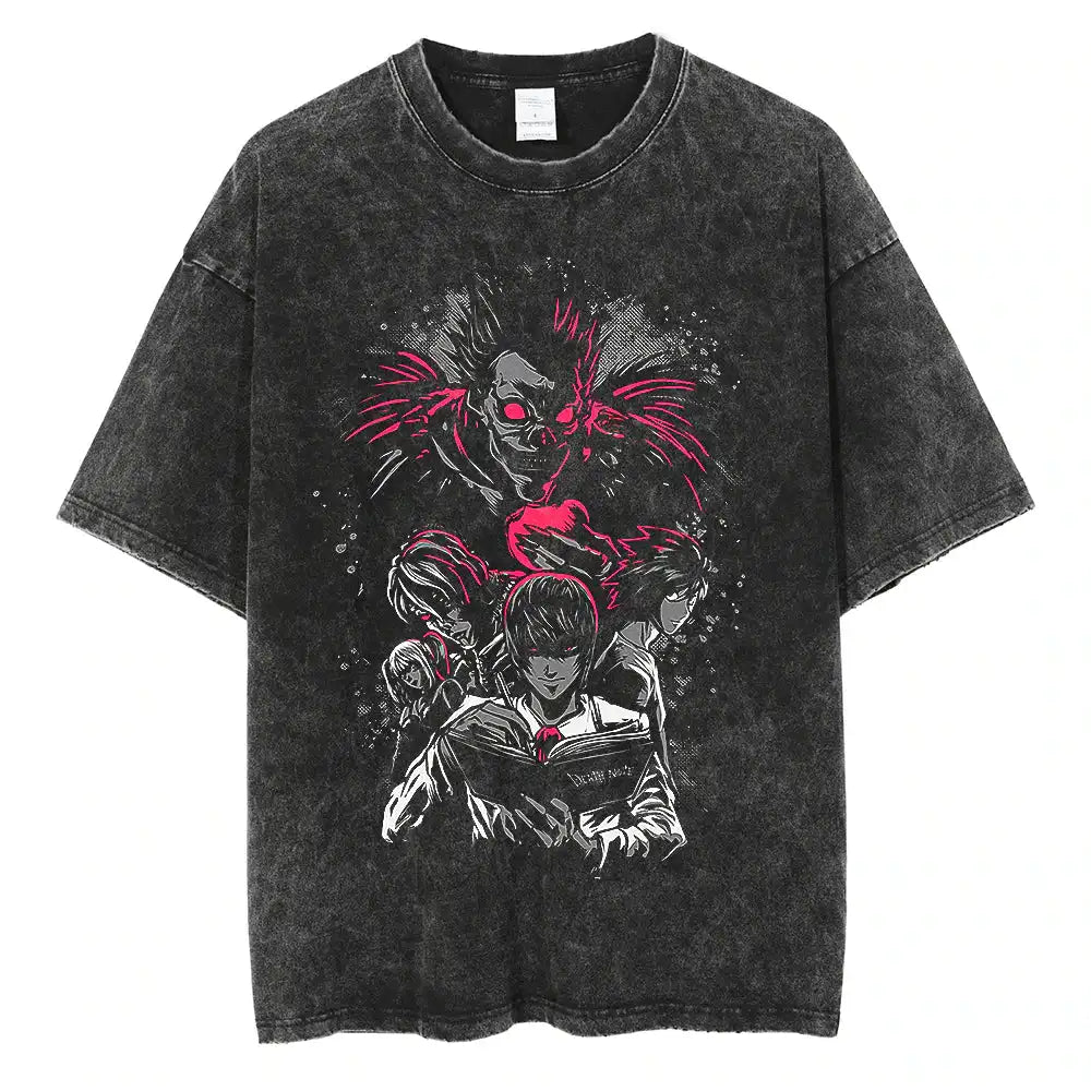 Harajuku Vintage Washed T-Shirt with Death Note Anime Graphic, Oversized Cotton Streetwear for Men and Women