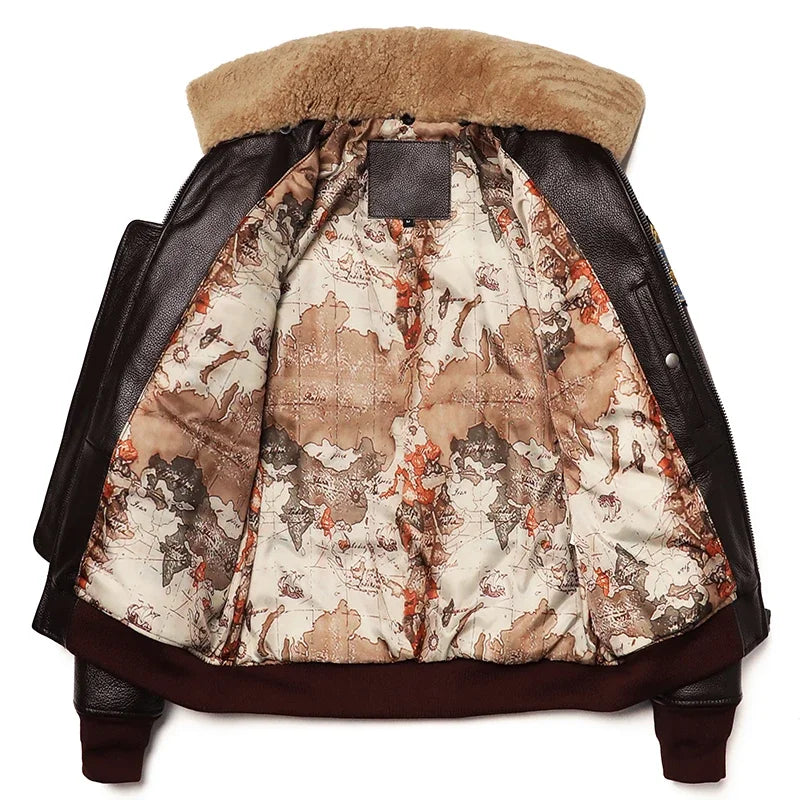 Men's quilted cowhide leather military flight jacket, winter overcoat, M212 style