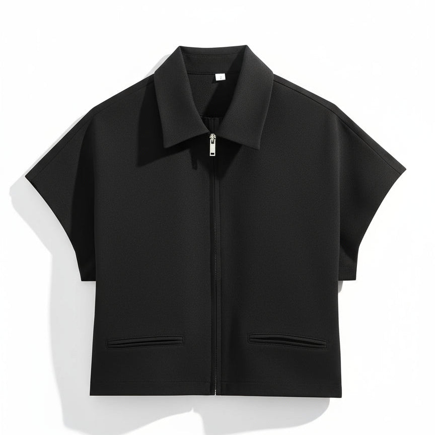 TFMLN Women’s Summer Set – Black Zipper Lapel Top & Wide-Leg Pants Two-Piece Outfit