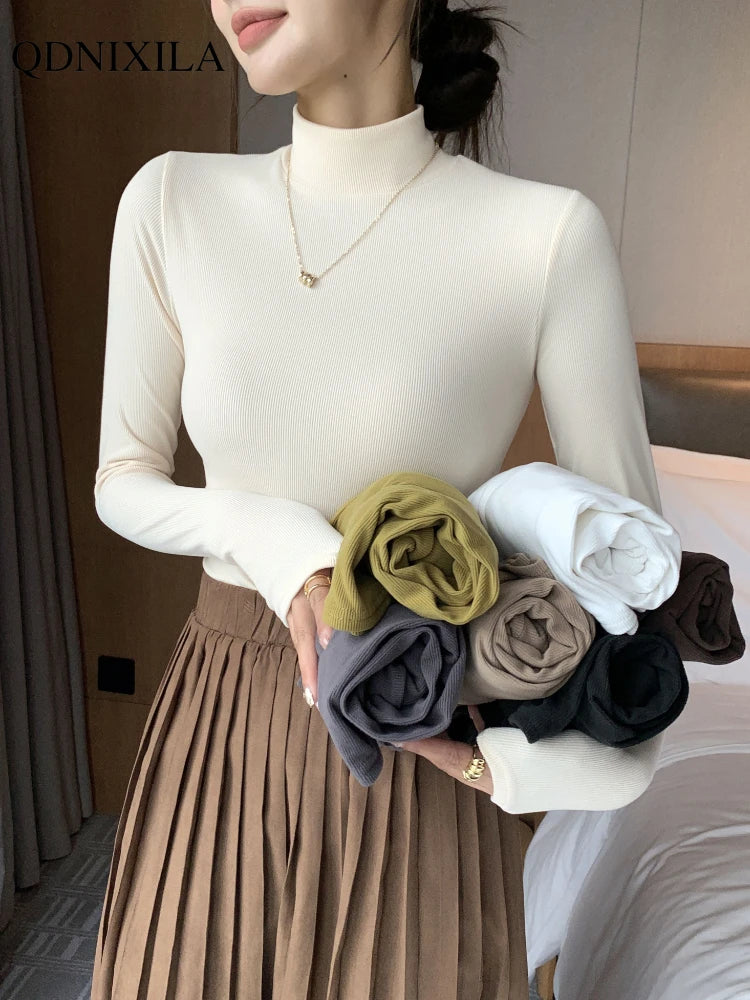 Women's knitted half-turtleneck sweater, slim fit, long sleeves, casual thermal knit top, Korean fashion