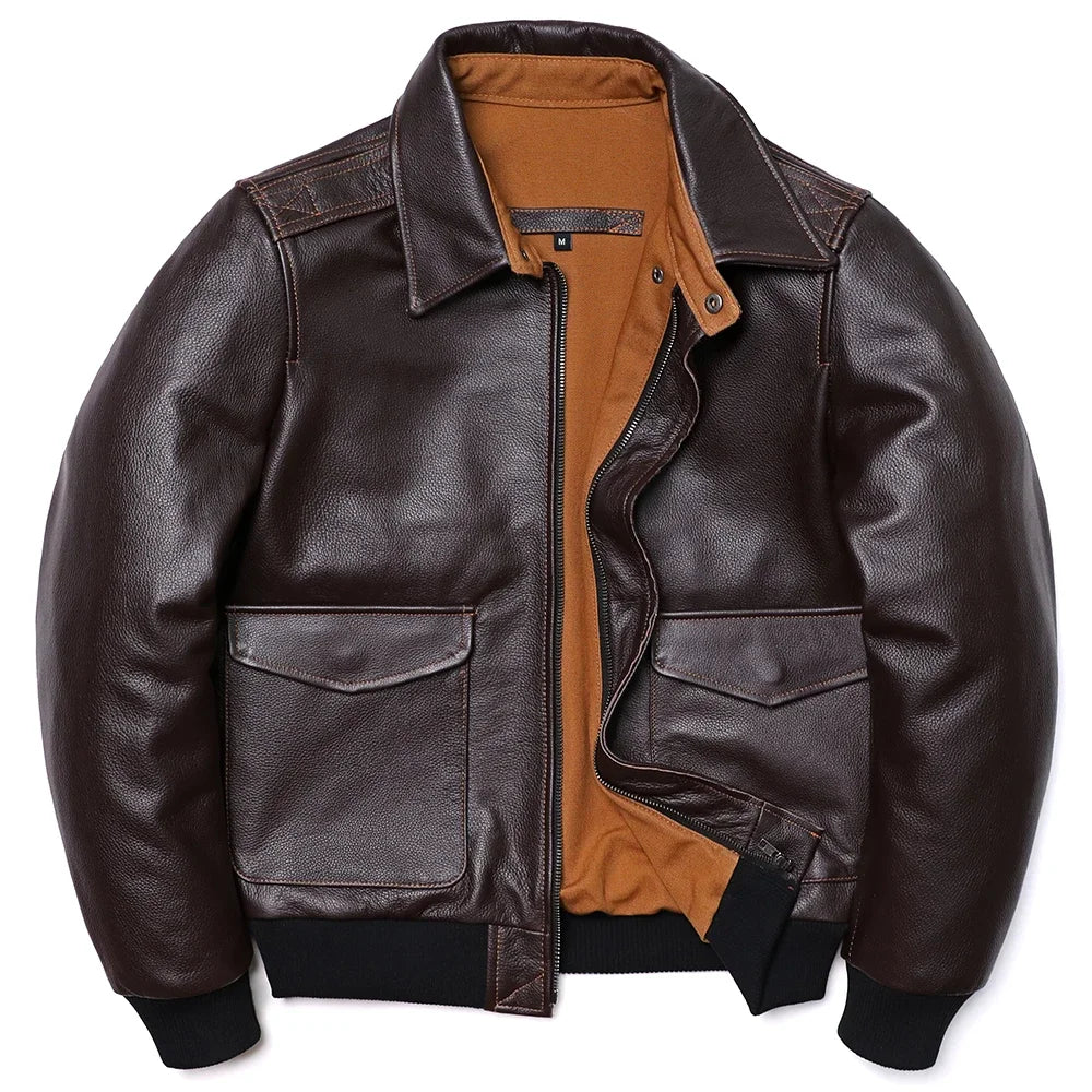 Men's A2-style genuine leather flight jacket made from cowhide and calfskin in brown