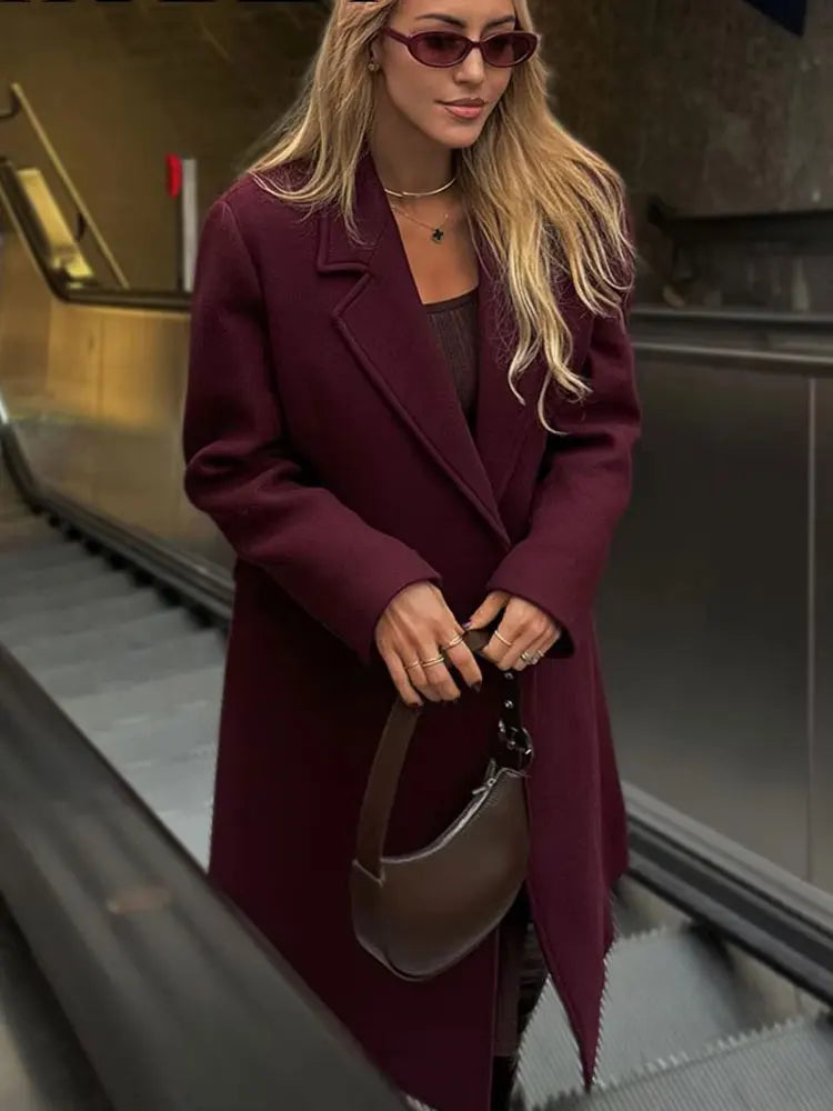 HH Women’s Burgundy Wool Coat – Double-Breasted, Long Sleeve Lapel Jacket