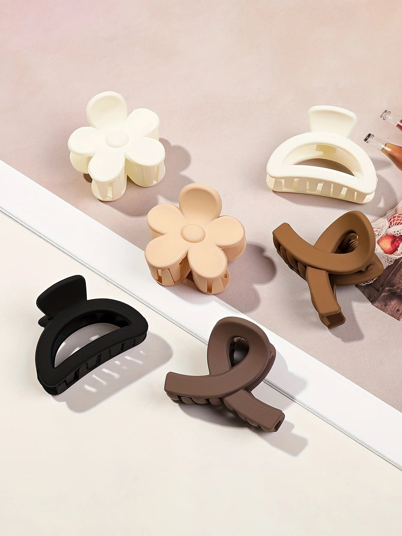 5-Piece Small Flower Hair Claw Clips – Matte Rectangle & Semicircle for Women & Girls