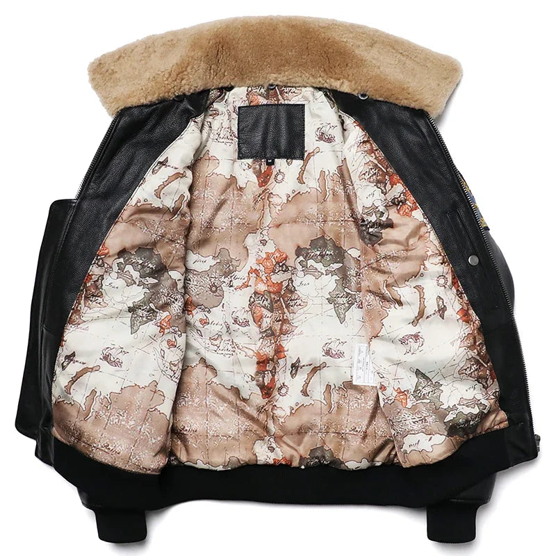 Men's quilted cowhide leather military flight jacket, winter overcoat, M212 style