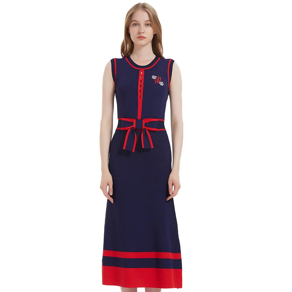 Women's Dress New Sleeveless Knitted Long Dress Simple navy blue Business