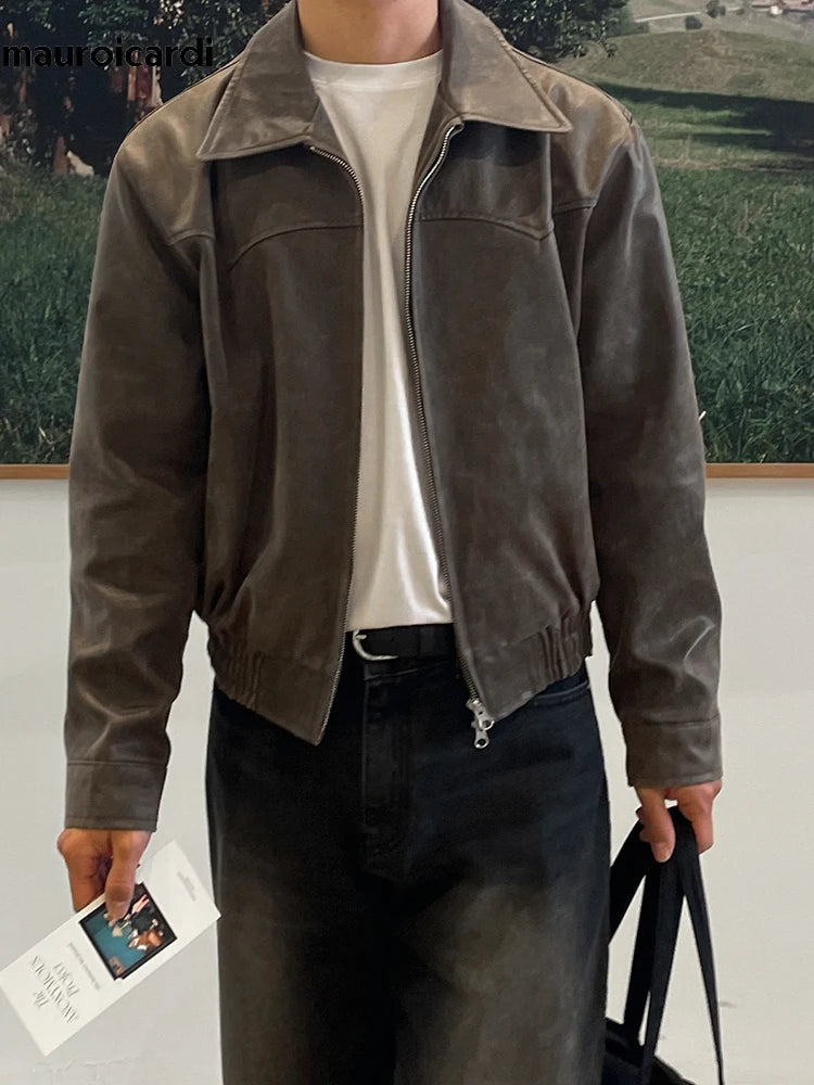 Mauroicardi Vintage PU Leather Jacket – Distressed Brown, Lightweight Korean Style