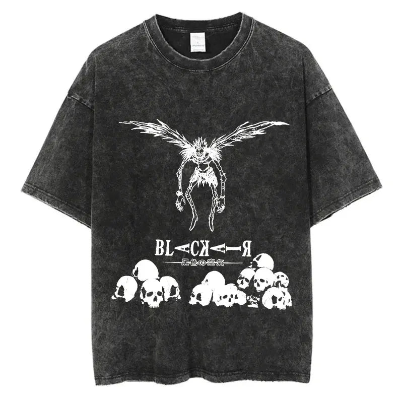 Harajuku Vintage Washed T-Shirt with Death Note Anime Graphic, Oversized Cotton Streetwear for Men and Women